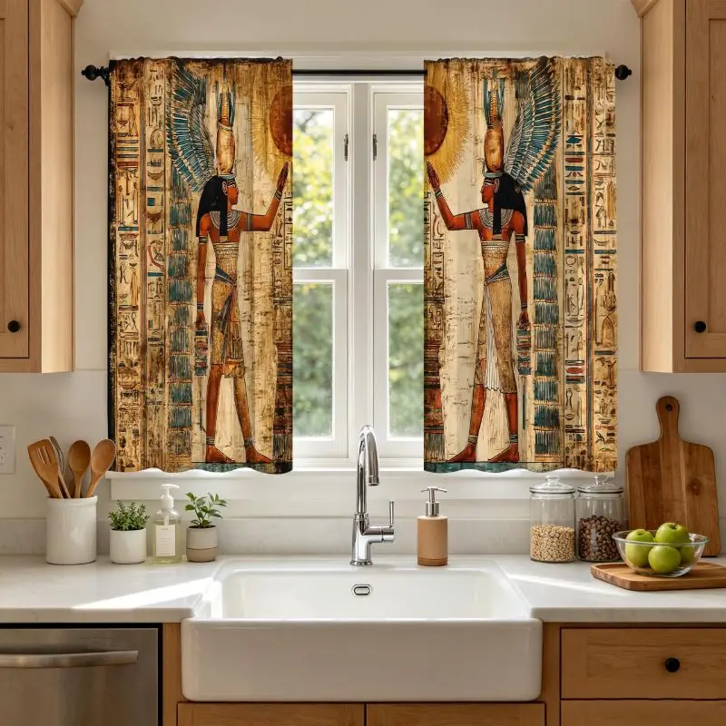 VIKAMA Ancient Egyptian Mural Tier Curtain Vintage Culture Rod Pocket Short Curtain Kitchen Cafe Small Window Home Decor