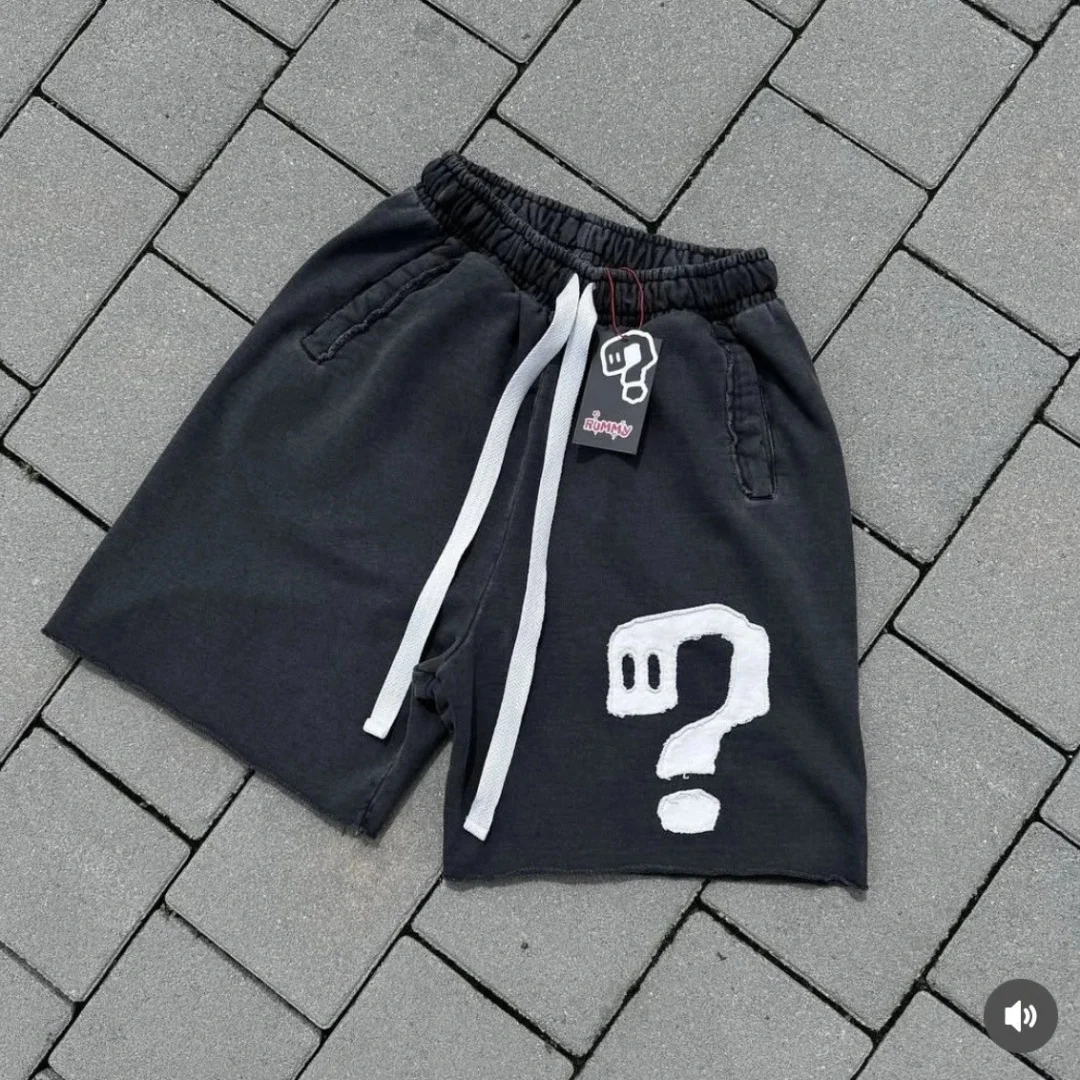 Paar sportbroeken met vraagtekenborduurwerk Vintage hiphop casual shorts met trekkoord voor heren en dames streetwear