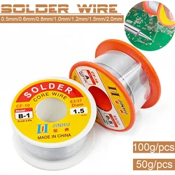 Rollo de alambre de soldadura con núcleo para bricolaje, 50g/100g, CF-10, 0,5/0,6/0,8/1/1.2/1.5/2.0MM, 63/37 FLUX, 2.0%, 45 pies