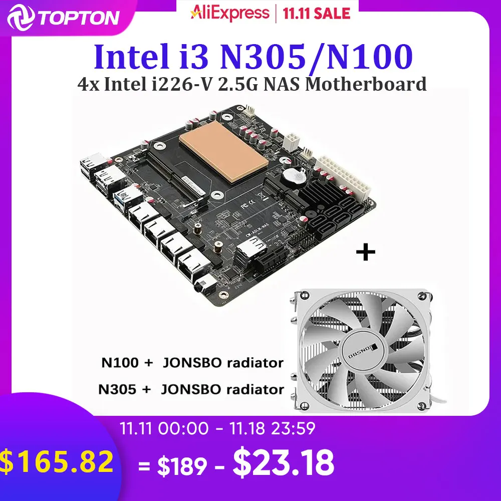 6-Bay NAS Motherboard N100 N150 i3-N305 N355 Intel 4x i226-V 2.5G LANs 2*NVMe 6*SATA3.0 DDR5 Mini ITX Mainboard PCIex1 Type-C