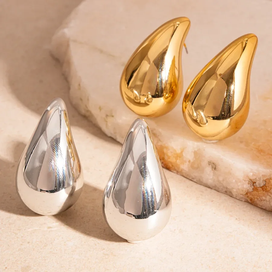 

Gold Plated Chunky Teardrop Stud Earrings for Women Glossy Thick Geometric Irregular Earrings Lightweight Girls Ear Jewelry