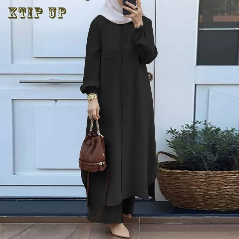 อิสลาม Ramadan Eid มุสลิมชุดผู้หญิง 2 ชิ้นชุดรัดตัวเสื้อกางเกงขากว้างดูไบ Abaya Lace Up สีทึบ Kaftan เสื้อผ้า