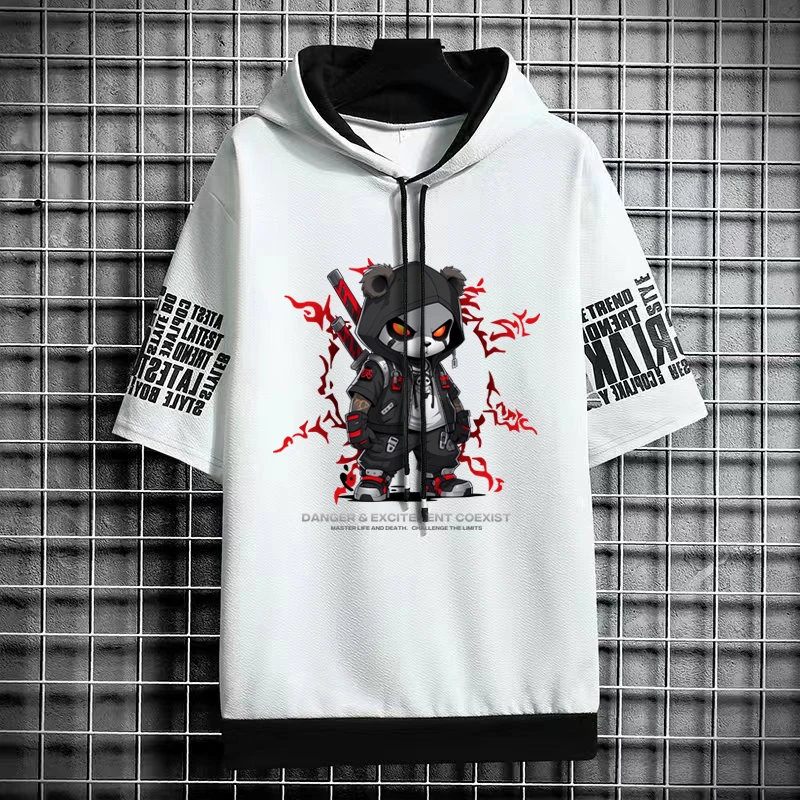 2024 Men\'s Sweatshirts Korean Fashion Harajuku Streetwear Short Sleeve Hoodies Men Summer Men Clothing Print Cartoon Hoodies Men