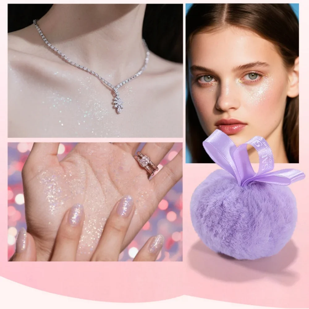 Pink Peach Shimmer High Gloss Makeup Powder Multi-Purpose Facial & Body Shimmer with Puff for Face And Collarbone Shiny Makeup