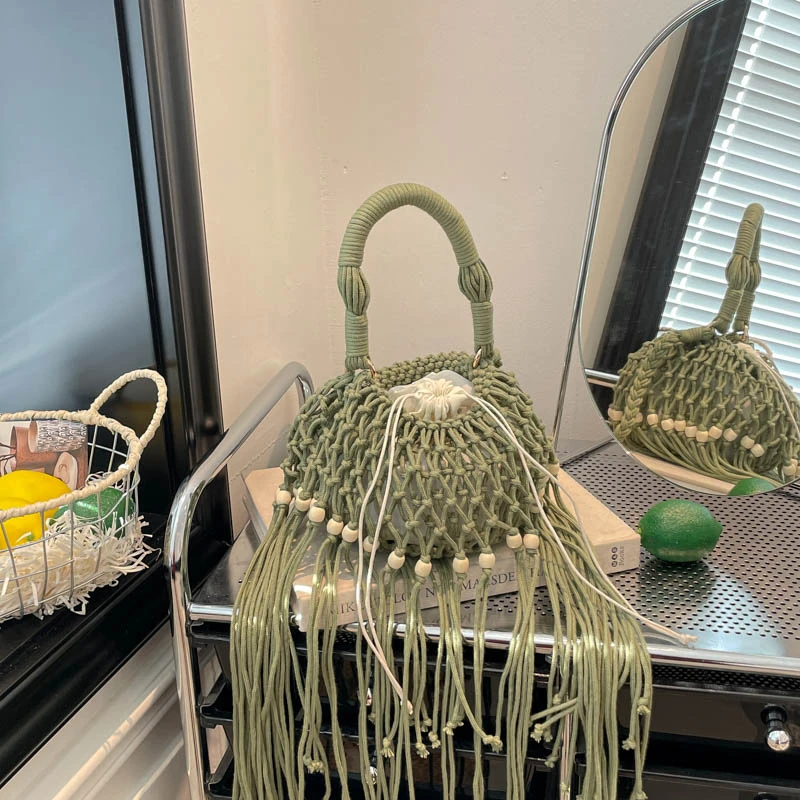 

Новая винтажная летняя пляжная сумка через плечо 2026 года в богемном стиле с вырезами, кисточками и вязаной сеткой для женщин, для путешествий и шопинга