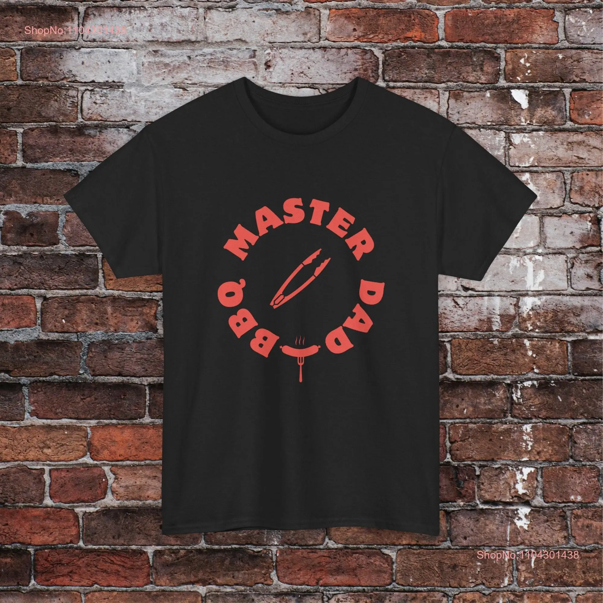 BBQ Master Dad T Shirt Circular Design Tongs Sausage on Fork Perfect Father s Day Grill Dads long or short sleeves