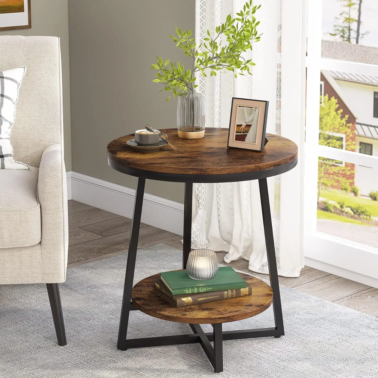 

Round Side End Table with Storage Shelf, Industrial Nightstand Bedside Coffee Accent Table for Living Room Bedroom Small Space