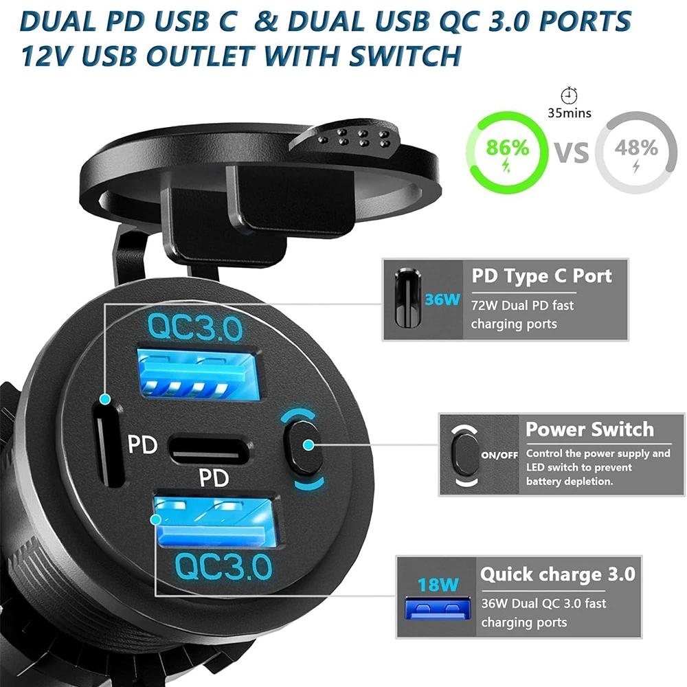 4 Port USB C Car Charger Socket Waterproof Dual PD 3.0 & QC 3.0 Multi Power Outlet Adapter with Switch for 12V 24V Marine RV Bus