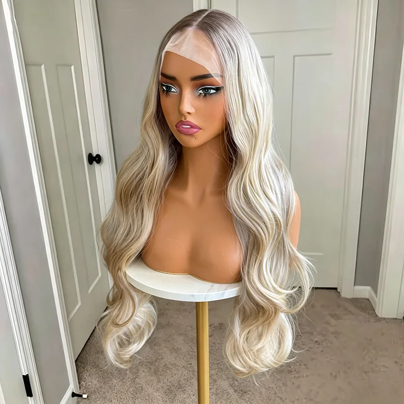 Highlight Creamy Blonde Long Wavy Lace Front Wig 13x4 HD Lace Wig Glueless Synthetic Blend Human Hair Wigs for Women Cosplay Use