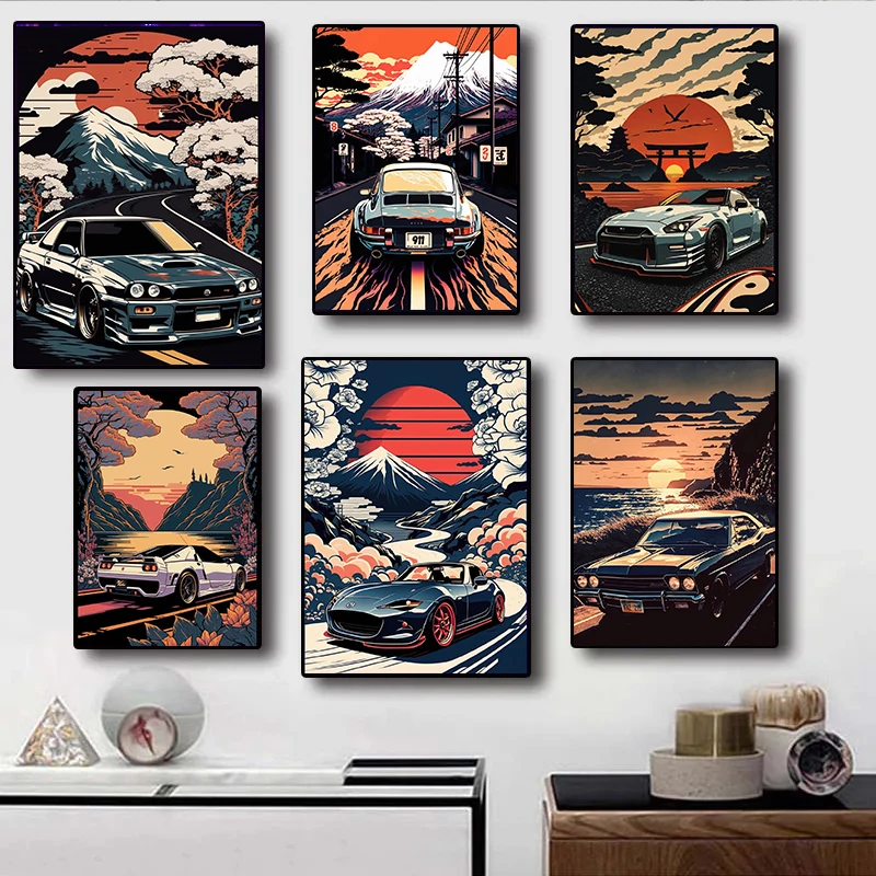 80s Retro Car Japanese Landscape Poster GTR Luxury Cars Canvas Painting HD Print Wall Art Picture Living Room Bedroom Decor