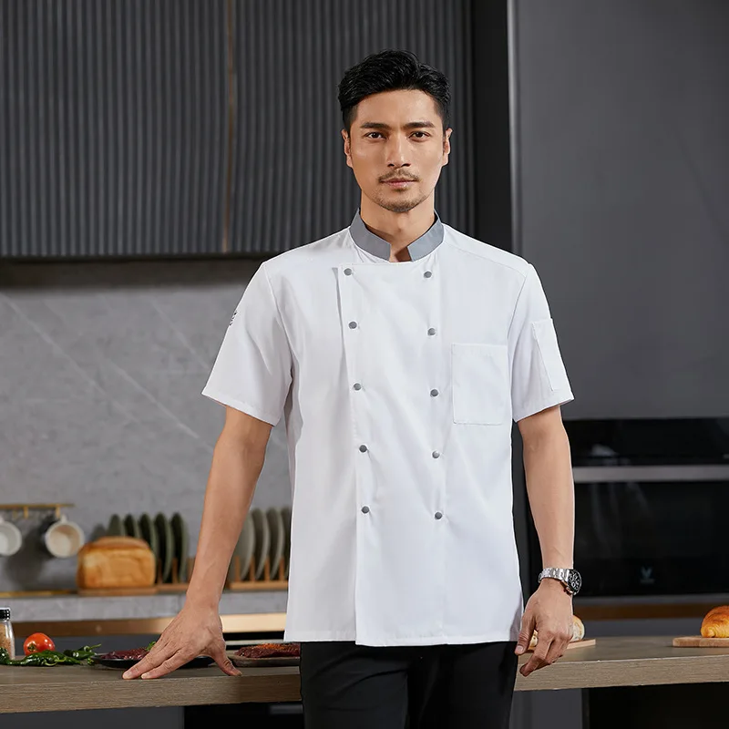 Uniforme de trabajo de cocina para restaurante de Hotel, chaqueta de Chef de manga corta, abrigo de cocina blanco de verano para Chef de pastelería y panadería