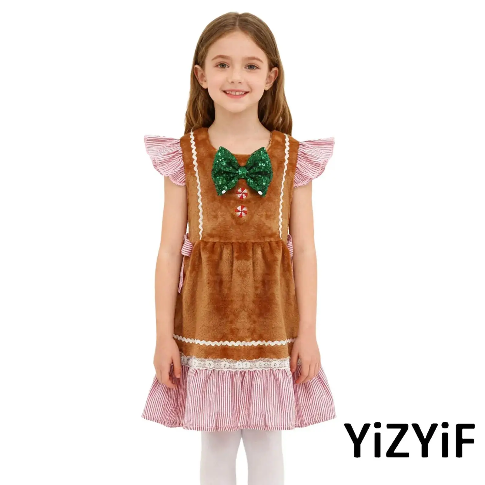 

Infant Kids Girls Christmas Gingerbread Man Outfit Patchwork Flying Sleeve Bow Tie Plush Xmas Dress for Christmas Santa Parties