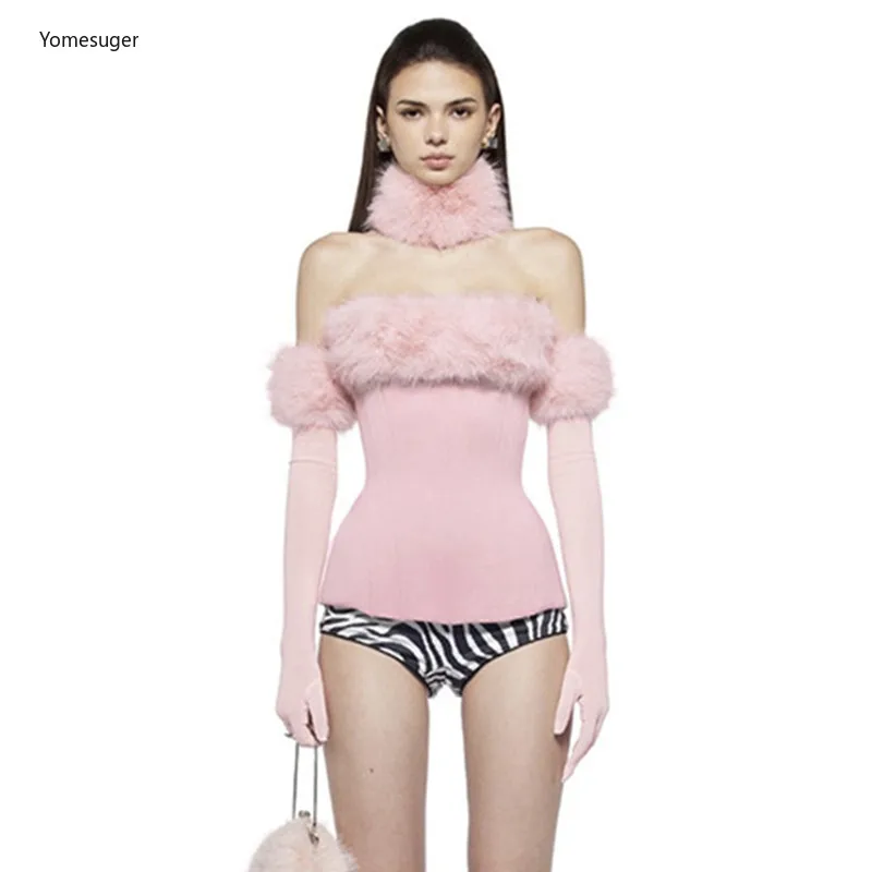 Yomesugar مجموعة حفلات عيد الميلاد مثير فروي المرقعة حمالة غير النظامية Cinched الخصر تانك القمم وأكمام طويلة عطلة وتتسابق #2