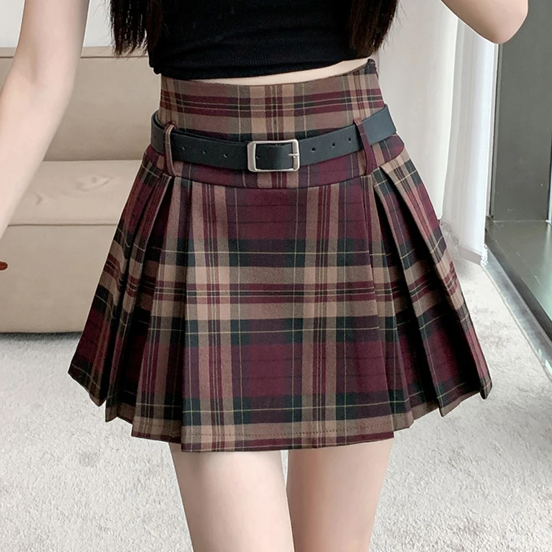 Y2K Plaid Skirt with Belt High Waist Box Pleat Tennis Mini Skirt for Women Skort Preppy Style Academia Vintage Outfit