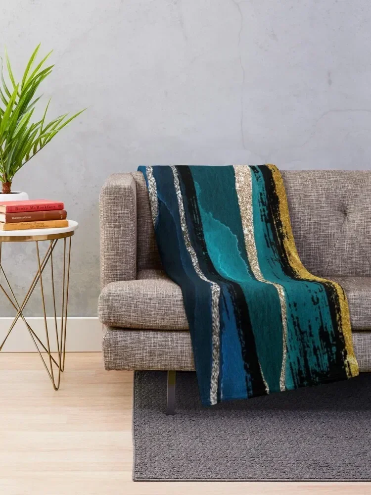 Abstract Vertical Brushstroke Teal and Gold Throw Blanket Soft Comfort Blanket for Reading Watching TV