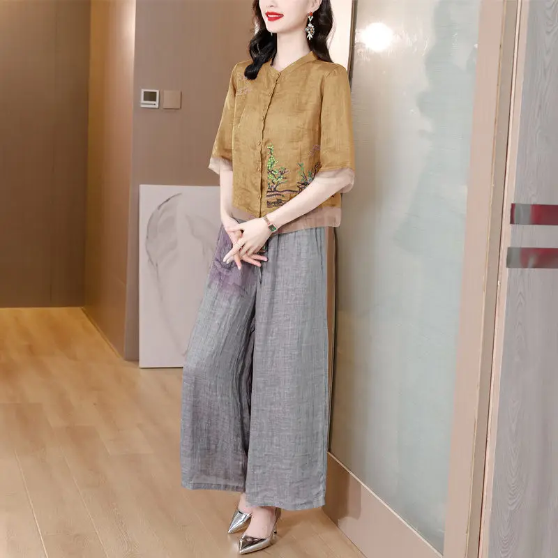 Trung Quốc Phong Cách Áo Khoác Cotton Và Vải Lanh Áo Sơ Mi Hai Mảnh Phù Hợp Với Mùa Hè Mỏng Mẹ Linen Thời Trang Quần Ống Rộng bộ H1959