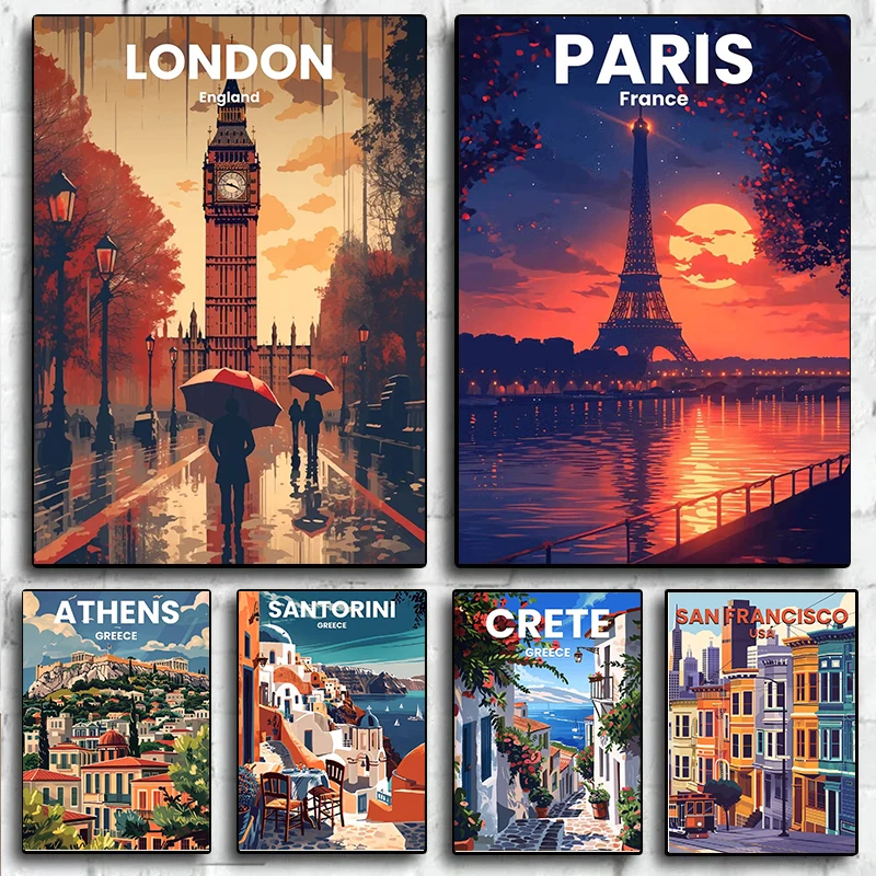 الشمال خمر مدينة السفر المشارك لندن باريس روما المشهد التوضيح حائط لوح رسم صورة فنية ديكور المنزل كوادروس #1