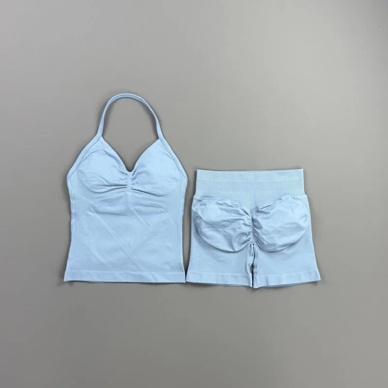 2-teiliges HISTELLO Impact Set für Damen, GYM Longline Strappy Top, nahtloses Yoga-Set, Scrunch Butt Sportshorts, Workout-Fitness-Anzug – Detail 15