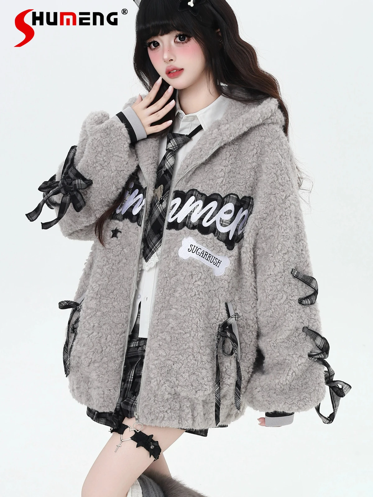 

Уличная одежда в японском стиле, милое крутое пальто из овечьей шерсти для девочек, свободные повседневные теплые зимние парки с вышивкой букв на шнуровке, женские куртки