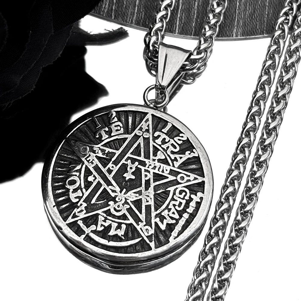 Hexerei-Pentagramm-Halskette für Frauen, Edelstahl, schwarzes Tetragrammaton, Solomon, Gothic, Dark Punk, Amulett, Herrenkette, Schmuck – Detail 4