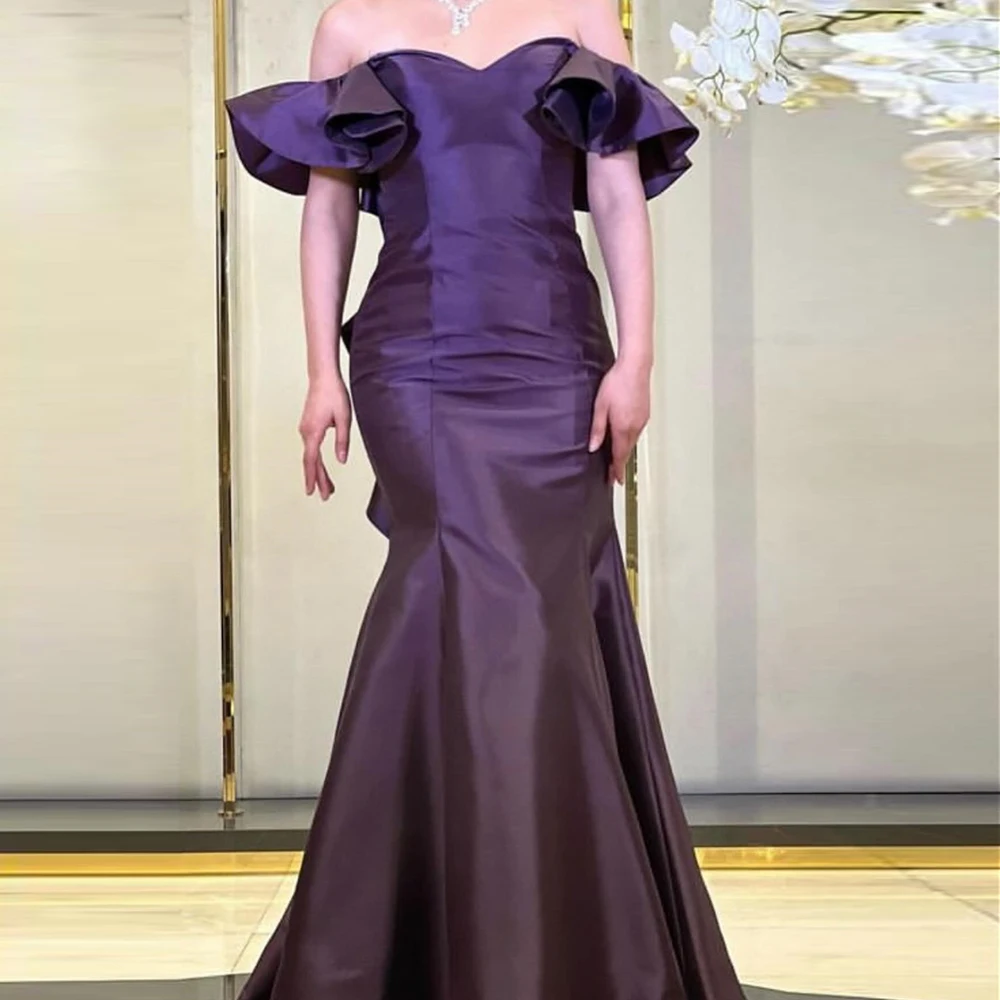 

Mermaid Satin Off the Shoulder Purple V-Ncek Evening Dresses Sleeveless Floor Length Elegant and Formal Sweep Train Pleats Gowns