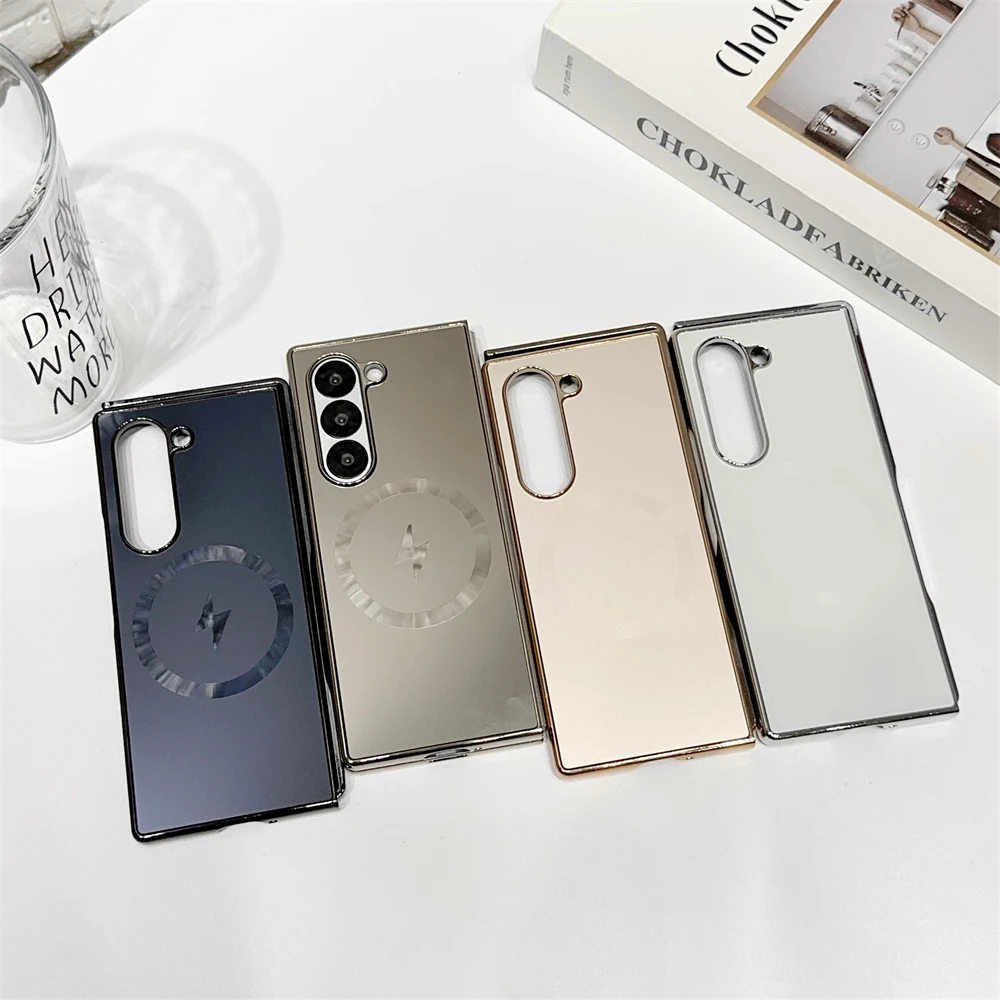 Fold7 Custodia per telefono di ricarica wireless galvanica di lusso per Samsung Galaxy Z Fold 7 3 4 5 6 per cover posteriore per telefono con placcatura magnetica