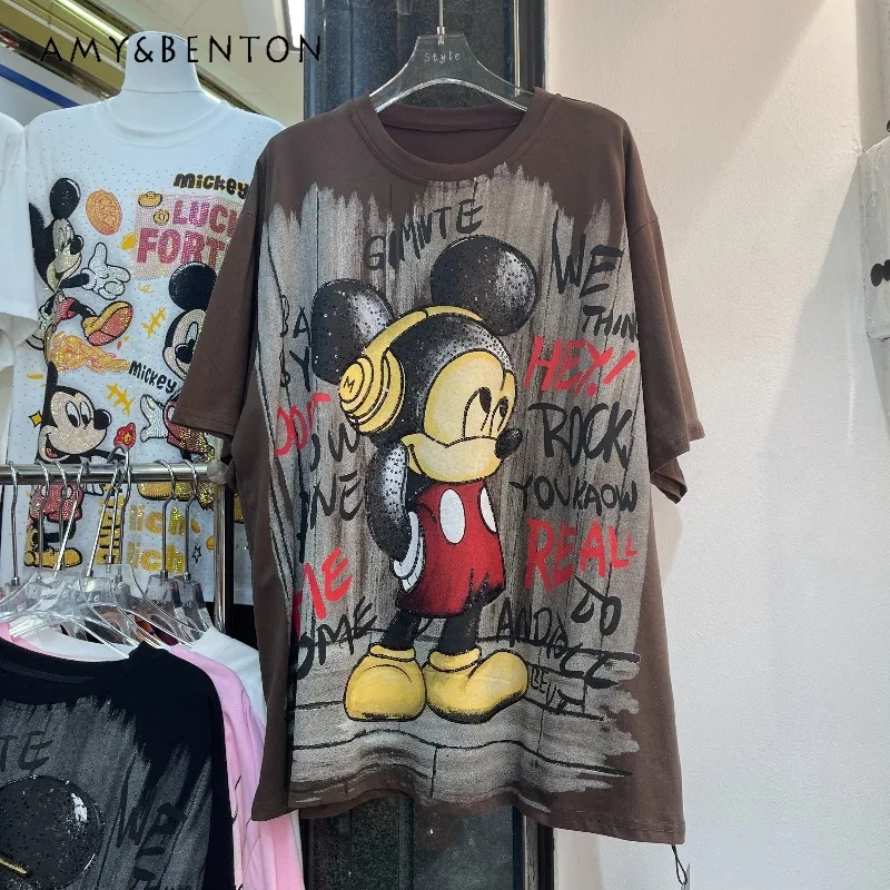 

Trendy Brand New Fashion Heavy Industry Sequins Cartoon Age Reduction Loose Short-sleeved T-shirt Top Women's Y2k Kawaii Tees