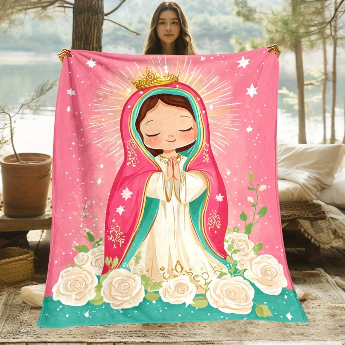Cute Cartoon Virgin Mary White Rose Star Pink Base Print Blanket, Light Flannel Throw For Couch Room, Sacred Lovely Blanket