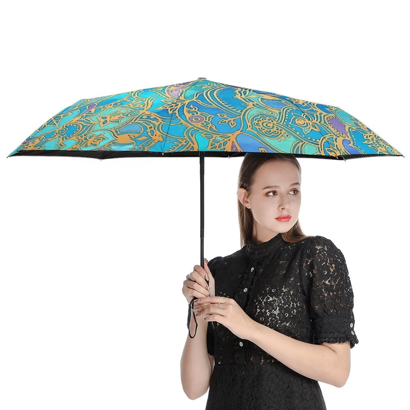 Boho Floral Print 3 Fold Auto Umbrella Blue Mandalas Carbon Fiber Frame Umbrella Sun and Rain Portable Umbrellas for Men Women