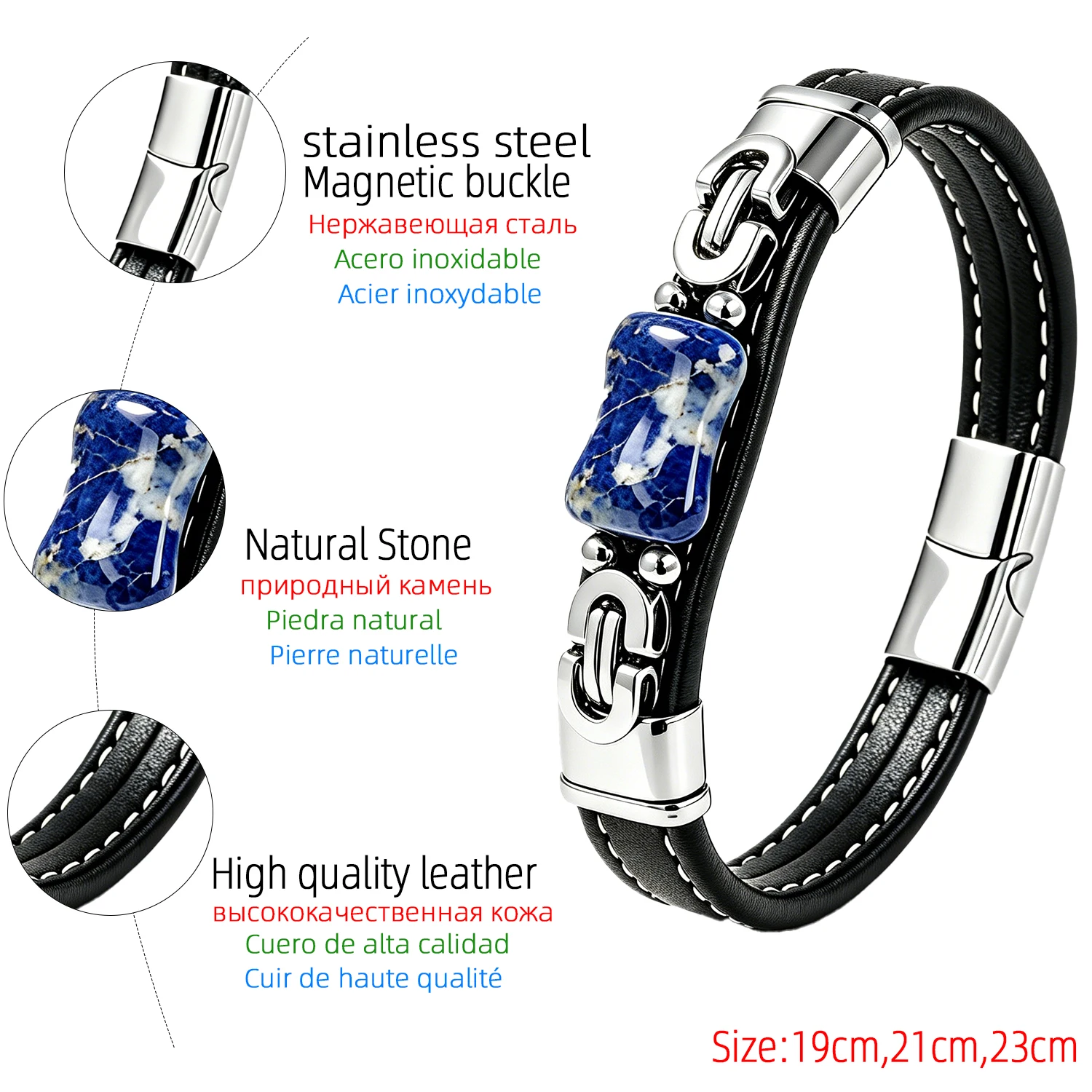 Vintage Punk-Rock Lederarmband für Männer, 8 Stile mit Natursteinperlen, Biker Casual Alltagsschmuck für Männer – Detail 10