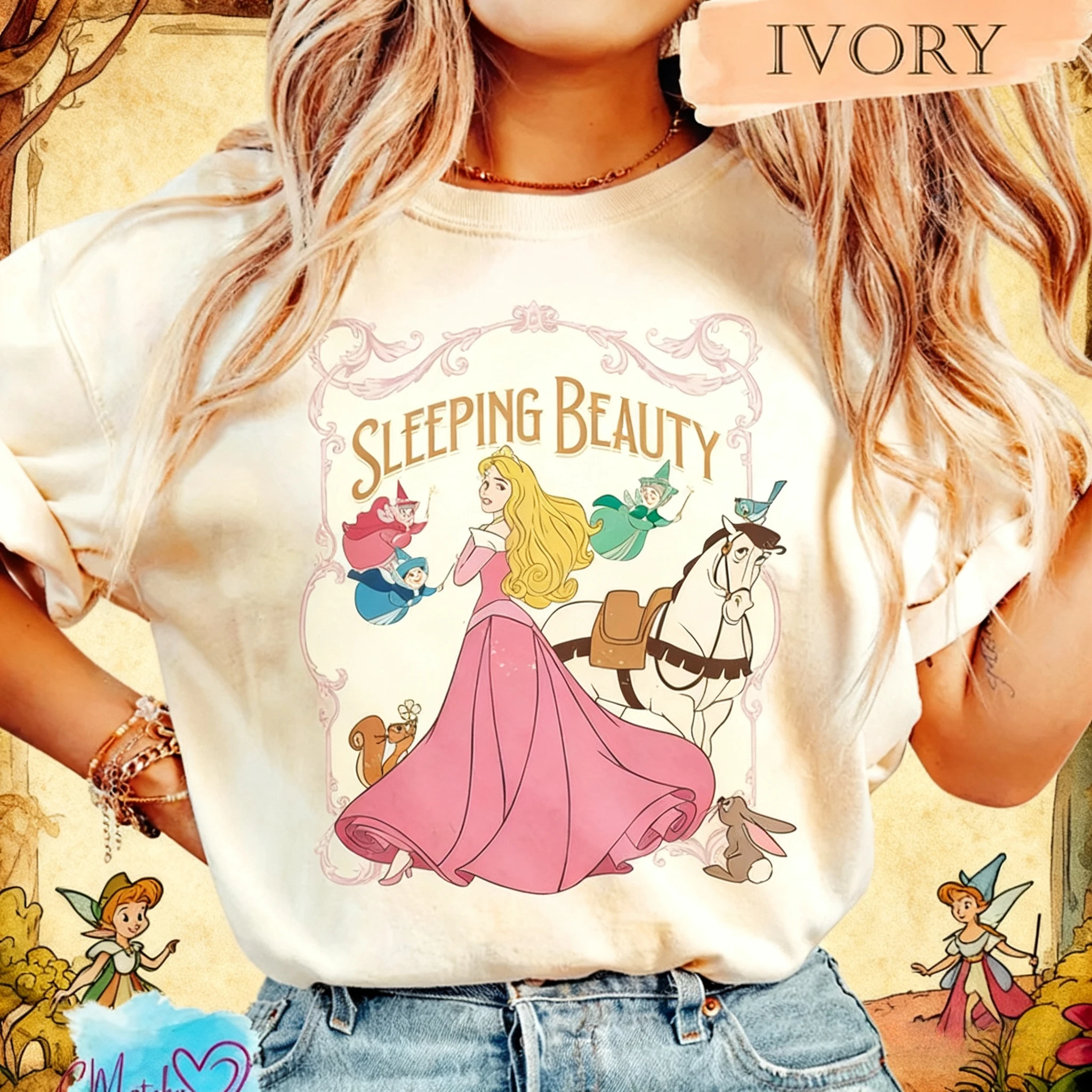 Camiseta de algodón puro con estampado Retro de flores de Bella Durmiente de Disney Aurora, un nuevo estilo de princesa tanto para hombres como para mujeres