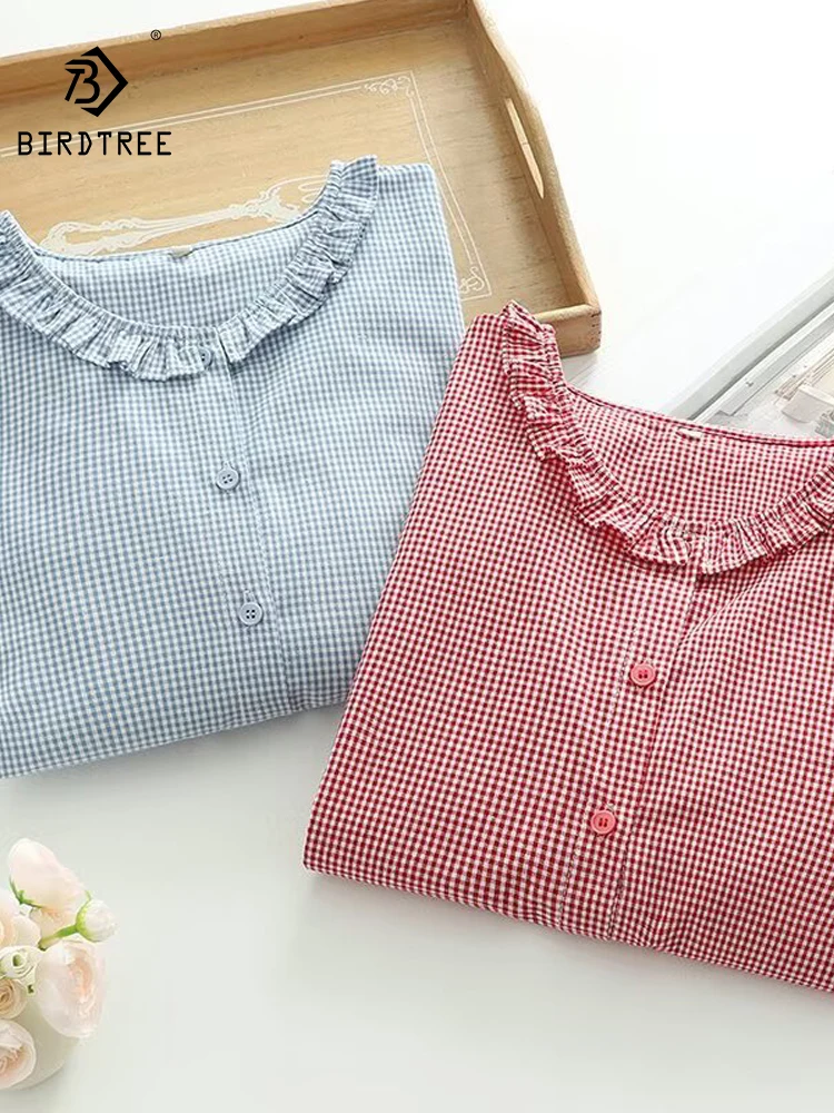 

New 2025 Summer Cotton 3/4 Sleeve Shirt, Women Ruffled Plaid Printed, Mori Girl Fashion Versatile Casual Loose Blouse T55417CC