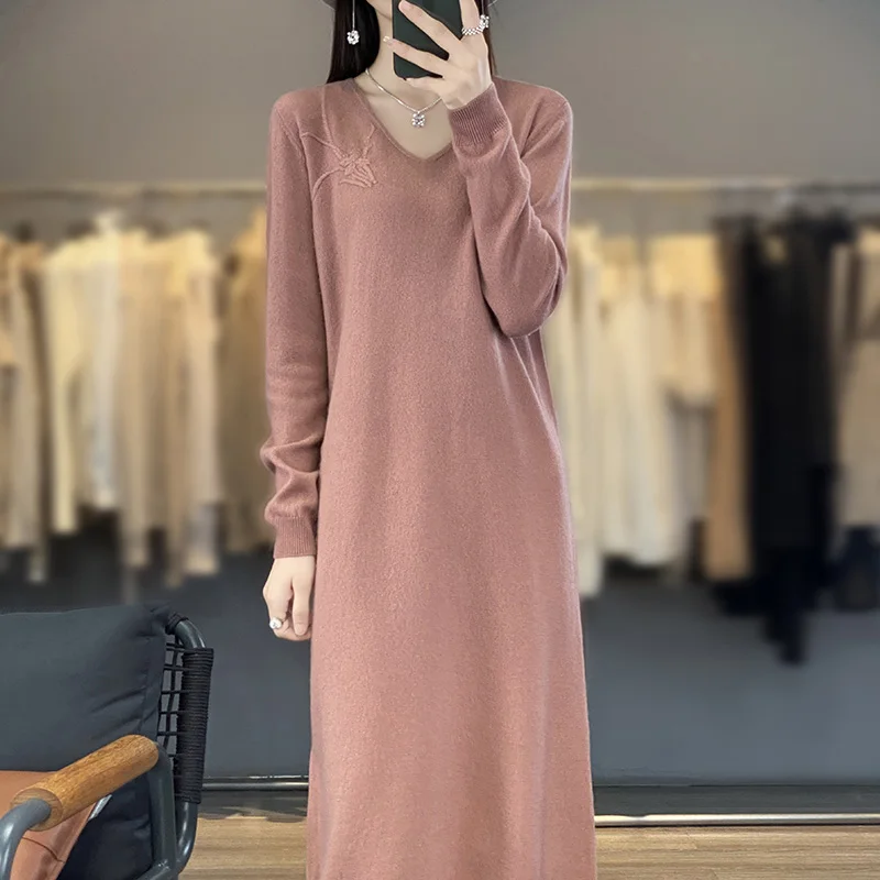 

Hot Sales With Free Shipping Cashmere Dresses For Women Long V-neck Knit Jumpers 2023 Winter Lady Pullovers NJ01