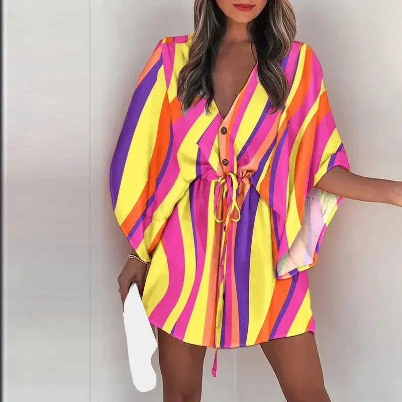 

KEXU Summer Print Women Dress Half Batwing Sleeve V-Neck Loose Above Knee Mini Dresses Casual Street Fashion Beach Wear