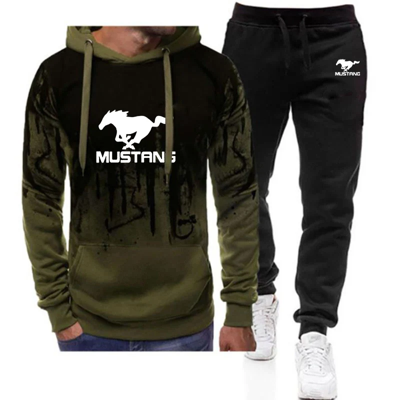 2024 Spring Autumn Mustang Logo Printed Trendy Gradient Color Hoodies Sports Set Men\'s Hooded Tracksuit+Leisure Sweatpants Suits