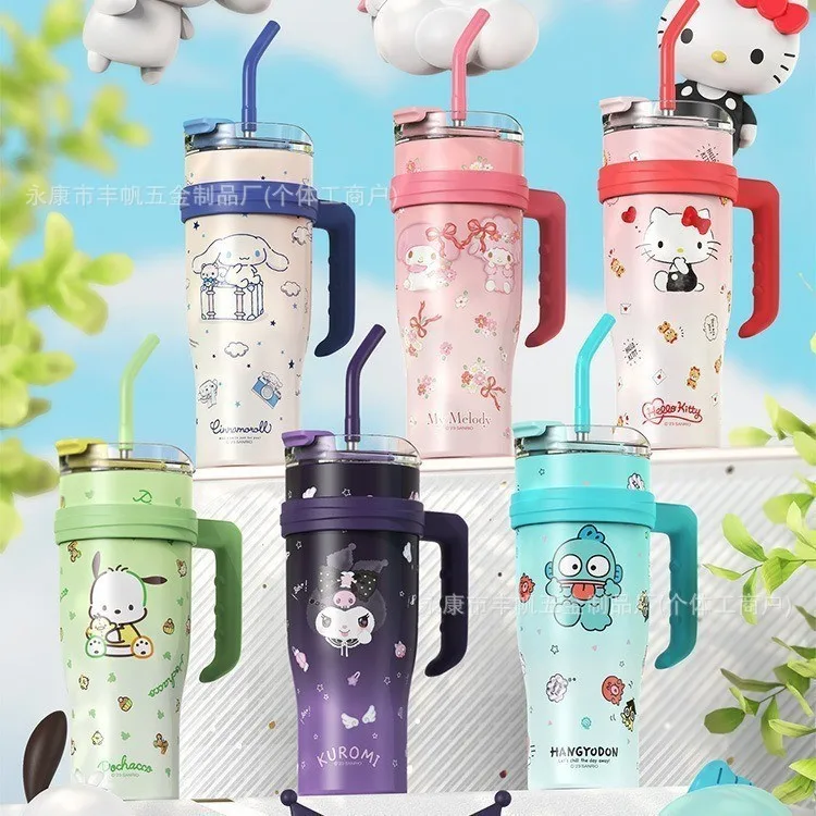 Sanrio Cinnamoroll My Melody Hello Kitty Pochacco Kuromi Hangyodon - Vaso con asa y pajita para niñas, ideal como regalo