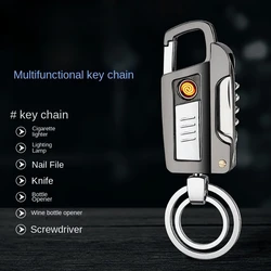 Multifunctional Electric Tungsten Lighter USB Rechargeable Keychain Flashlight Windproof Cigarette Lighter Men's Gift