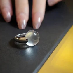 Gentle Style Glossy Natural Ice Chalcedony Rings for Women Translucent Light Luxury Round Bead Ring Minimalist Silver Jewelry