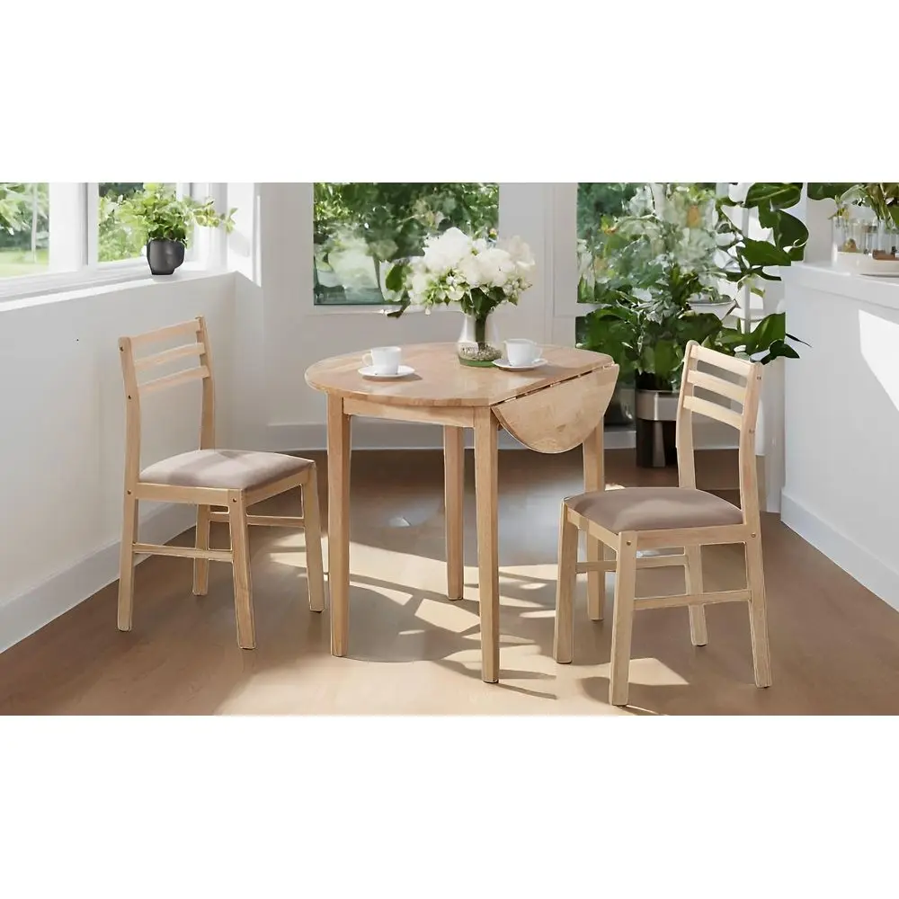 3Piece Drop Leaf Dining Set, Natural Wood Table and 2 Chairs with Beige Cushions, Small Space Kitchen Furniture