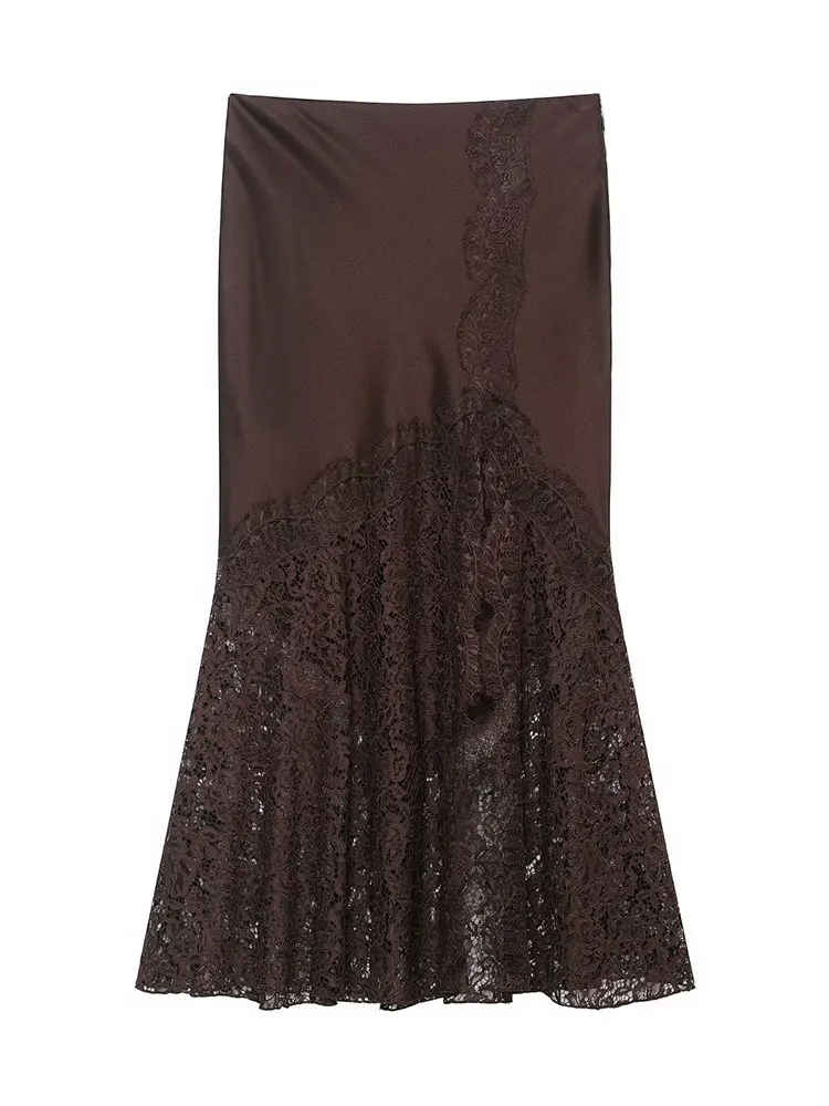 HH Women Fashion Brown Lace Hem Slit Skirt Side Zipper High Waist Slim Midi Skirts Lady Party Evening Club Straight Skirts