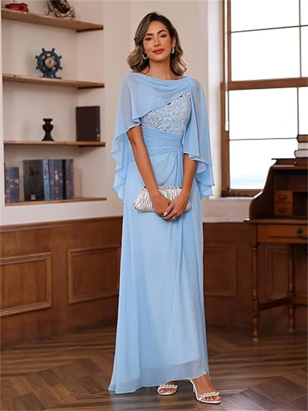 Gaun pengantin wanita, renda applique mutiara 2 potong sifon ibu dari pengantin untuk pernikahan dengan jubah A Line gaun malam Formal panjang