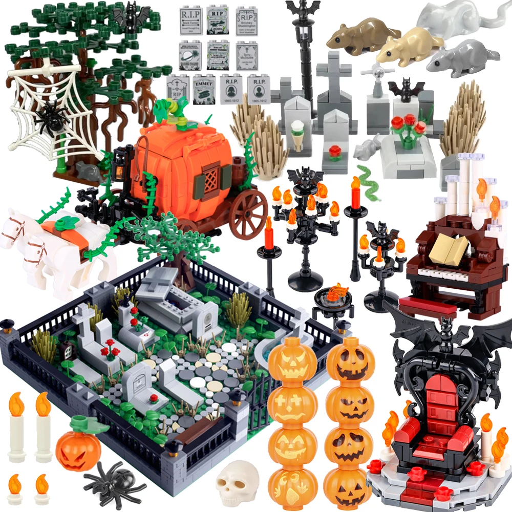 

Строительные блоки для сцены Хэллоуина MOC, кладбище, надгробие, мышь, тыква, автомобиль, трон вампира, камин, летучая мышь, свеча, игрушка в подарок A040