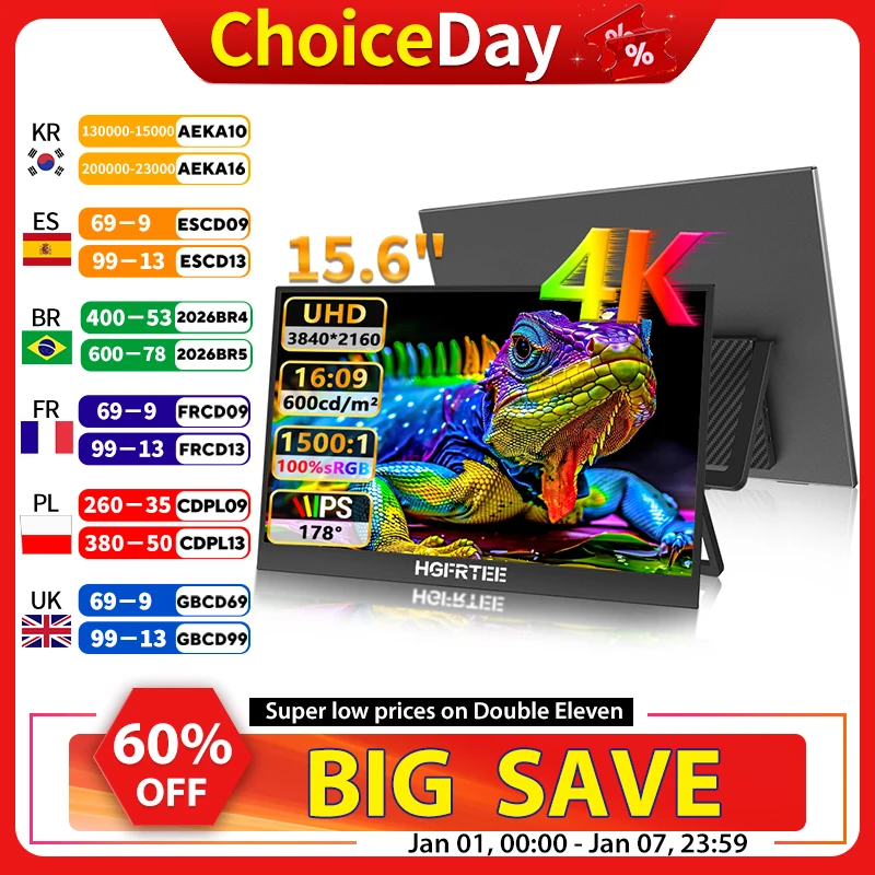 

HGFRETEE 4K 15,6-дюймовый портативный монитор UHD 100%sRGB USB-C HDMI 600cd/m2 IPS Внешний дисплей для ноутбука Mac PS5/4 Xbox Switch