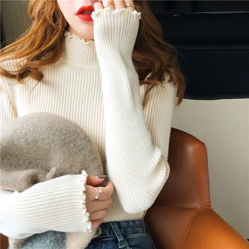 

Spring Autumn Mock Neck Skinny Elastic Knitted Shirt Women Pullover Sweater Tops Female Long Sleeve Slim Knit Bottoming Shirts