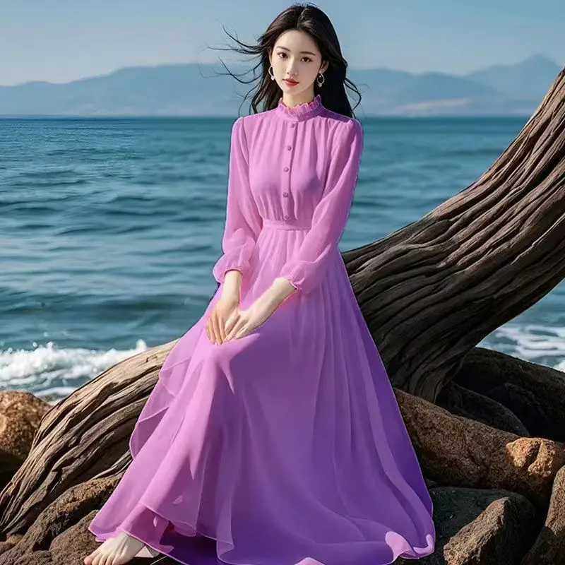 

Fashion Ruffled Neck Button Spliced Folds Long Dress Women's Clothing 2025 Autumn New Loose Long Sleeve All-match Ladies Dresses