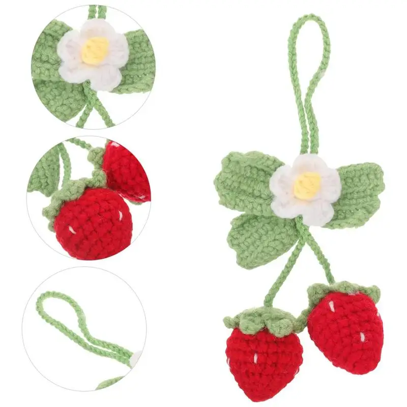 Crochet Car Mirror Accessories Cute Handmade Strawberry Car Hanger Ornament Knitted Fruit Pendant For Rear View Mirror Decor