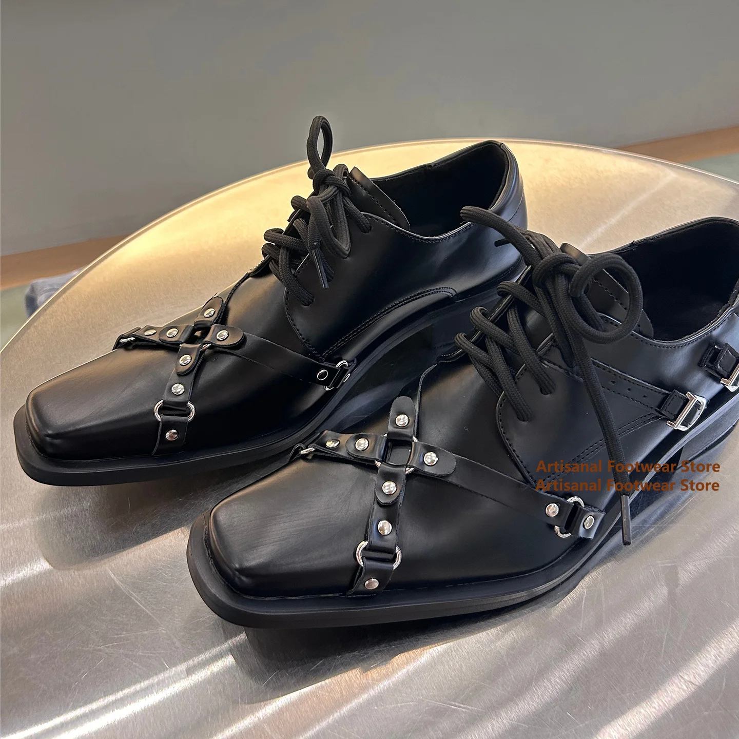 

Metal Ring Decoration Derby Shoes for Men Thick Soled Lace Up Leather Casual Shoes Trendy Party Dress Shoes New In Men's Shoes
