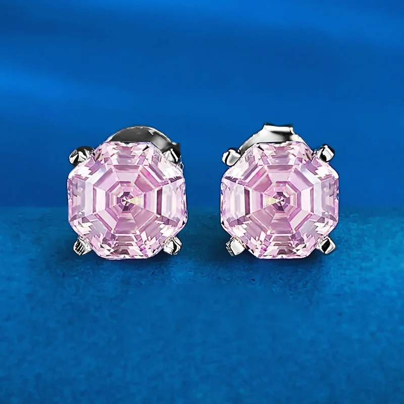 High Carbon Diamond Stud Earrings 100% s925 Silver 8*8 White Yellow Pink Gem Ear Stud Fine Jewelry Wholesale