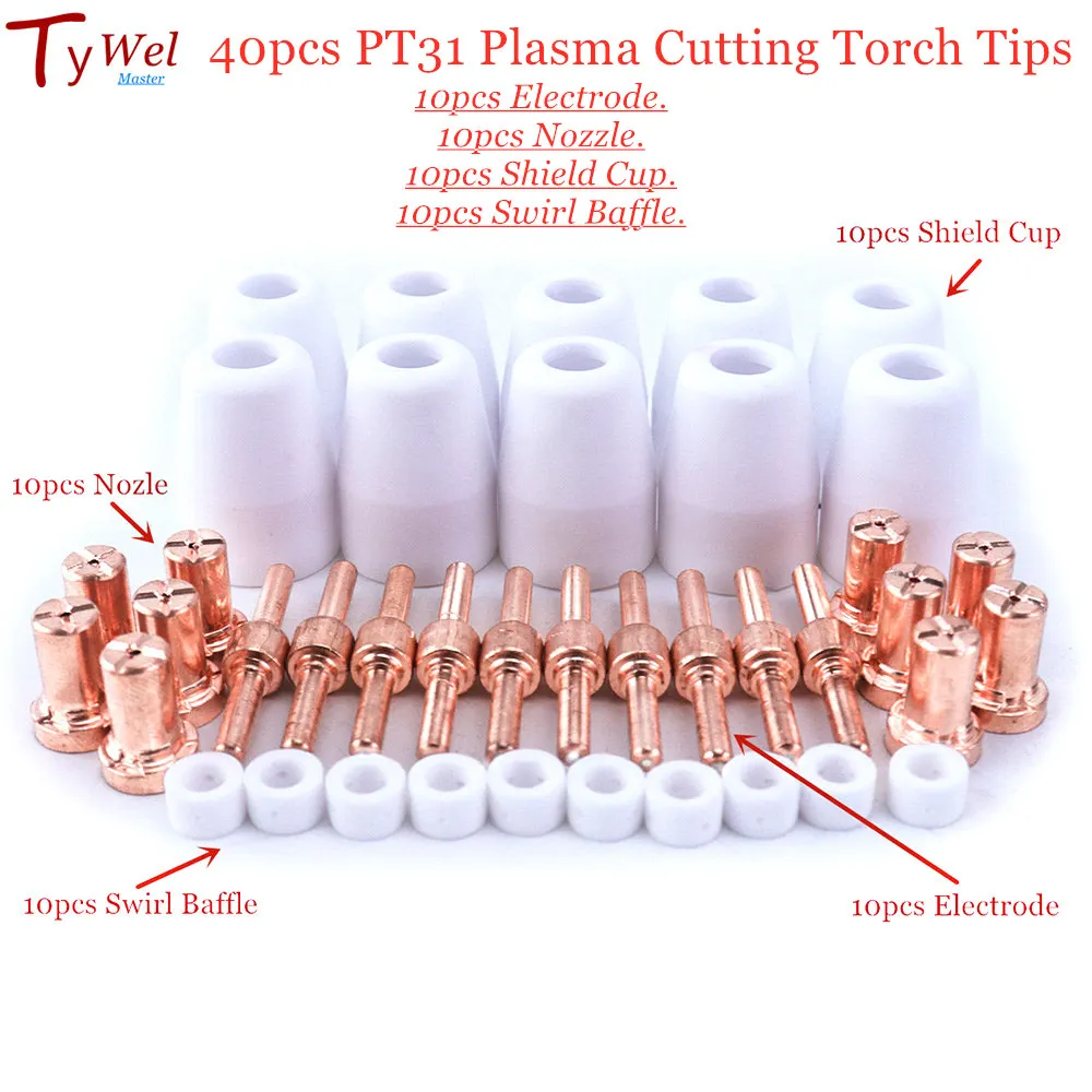 

40pcs Plasma Cutting Torch Consumable Shield Cup Swirl Baffle Tip Electrode Nozzle for 40A PT31 Plasma Torch