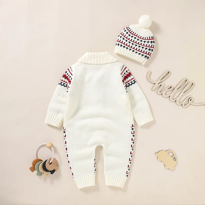 Newborn Baby Romper Knit Infant Girl Boy Jumpsuit 0-18M Long Sleeve Autumn Toddler Kid Clothes Hat Fashion Striped Overalls 2PC